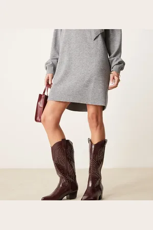 Glamorous Studded western knee boots in burgundy-Red