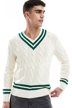 Ralph Lauren Cricket v-neck cotton cable knit jumper in cream / dark green-White