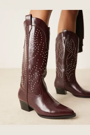 Glamorous Studded western knee boots in burgundy-Red