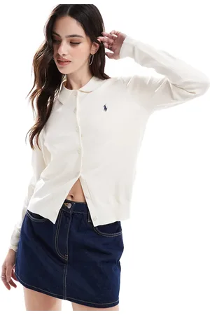Ralph Lauren Collared button front cardigan with logo in cream-White