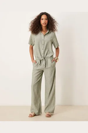 JDY Wide leg pants in sage stripe (part of a set)-Green