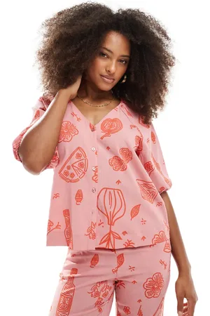 Object Button down blouse in rose pink sketch print (part of a set)