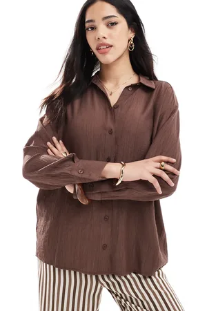 Bershka Crinkle oversized shirt with tie back in chocolate