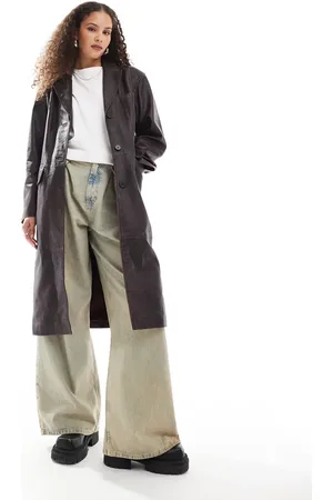 Urban Code Cracked effect leather overcoat in burgundy-Red