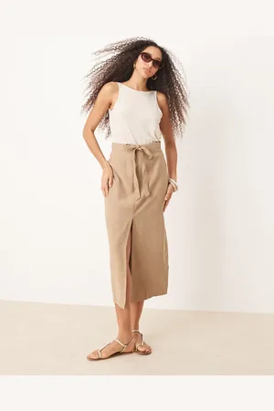 JDY Tie waist midi skirt in -Neutral