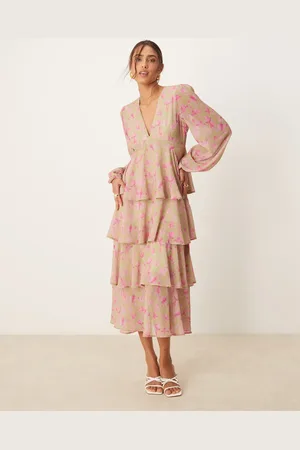 Pretty Lavish Long sleeve ruffle midaxi dress in green and fuchsia floral-Multi