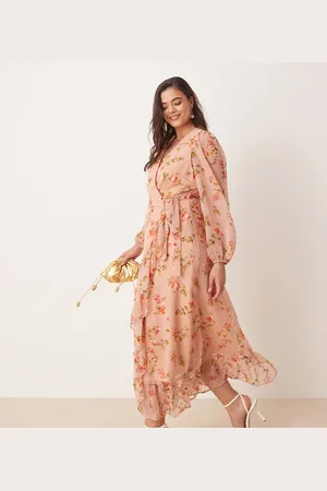 VILA Dobby wrap maxi dress with frill detail in rose floral print-Pink