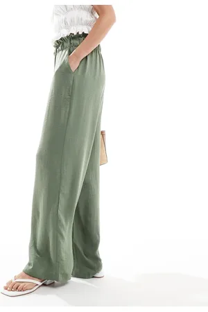 JDY Paperbag waist wide leg linen look pants in -Green