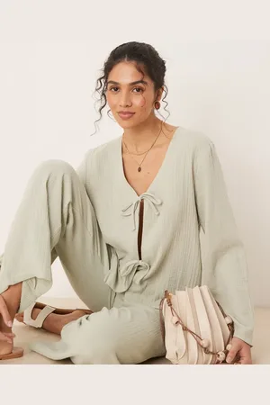 JDY Tie front cheesecloth shirt in sage (part of a set)-Green