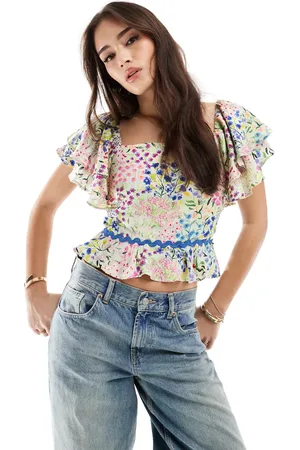 HOPE & IVY Frill sleeve square neck peplum top in multi-Green
