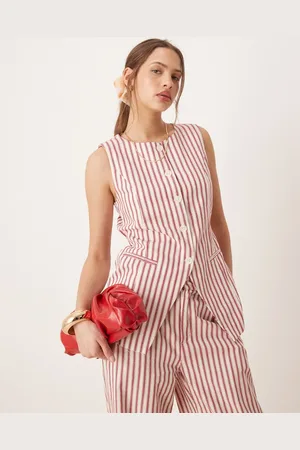 Glamorous Waistcoat button down cotton top with tie in red stripe (part of a set)-Multi