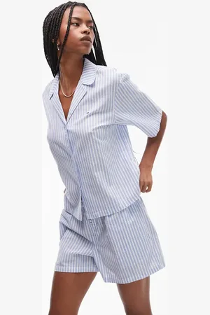 Tommy Hilfiger Linen short sleeve shirt and shorts pyjama set in blue stripe