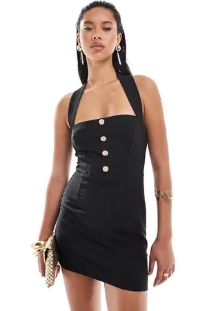Kaiia Halterneck pearl button mini dress in