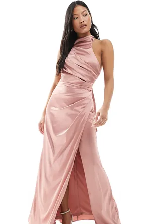 TFNC Bridesmaid satin high neck maxi dress with bow back in dusky pink
