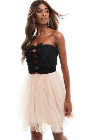 Lace & Beads Tulle bow mini dress in monochrome-White