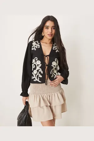 VILA Contrast floral embroidered tie front blouse in black
