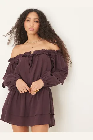 ASOS Cotton bardot ruffle mini dress in -Brown