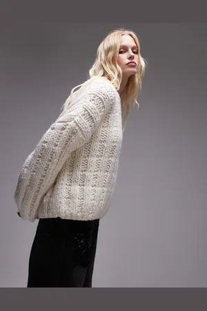 Topshop Premium hand knit ladder stitch oversized jumper in -White
