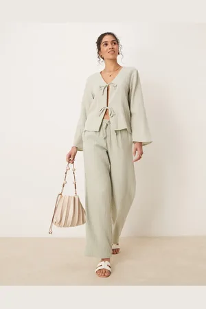 JDY Wide leg cheesecloth pants in sage (part of a set)-Green