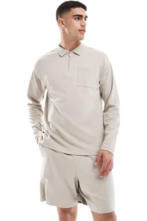 New Look Long sleeve heavyweight polo shirt in stone (part of a set)-Neutral