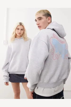 Reclaimed Unisex cropped boxy hoodie with fisherman print in grey marl