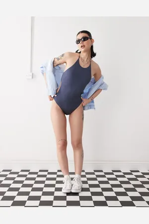 Weekday Halter neck shiny swimsuit with open back tie detail in