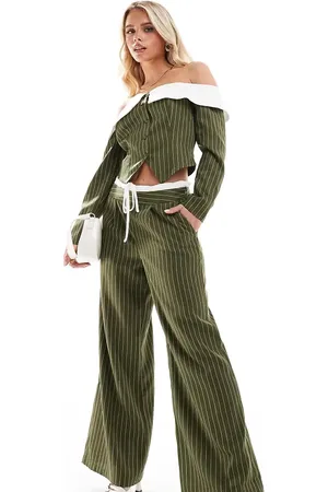 Extro & Vert Petite Drawstring tailored pants in stripe (part of a set)-Green