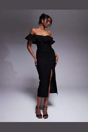 Vesper Bengaline frill bardot side split midi dress in