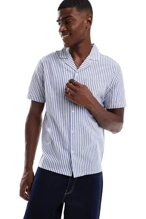 Another Influence Striped revere collar shirt in blue and white-Navy