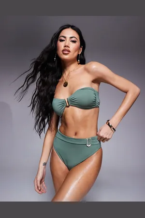 ASOS Ella high waist bikini bottoms with gold trim in -Green