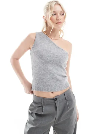 AWARE One shoulder knitted top in light grey melange
