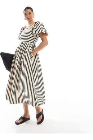 New Look Puff sleeve milkmaid midi dress in cream stripe-White