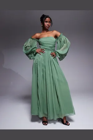 Lace & Beads Off shoulder balloon sleeve maxi dress in -Green