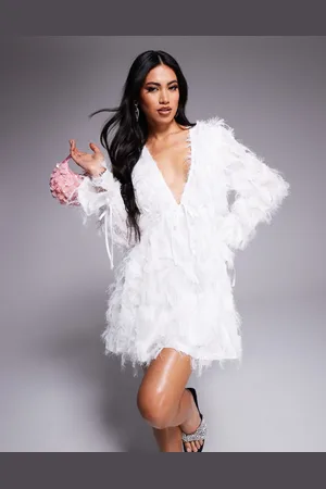 Jaded Rose Faux feather babydoll mini dress in -White