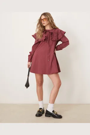 Neon Rose Pinstripe smock dress with collar detail in -Red