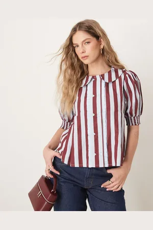 Neon Rose Striped cropped blouse in burgundy and blue-Red