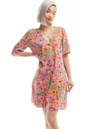 Monki Button through mini dress in print-Pink