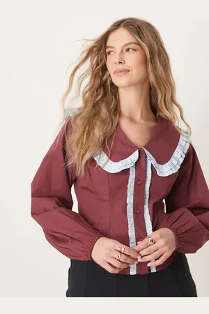 Neon Rose Cinched waist collar detail blouse in burgundy-Red