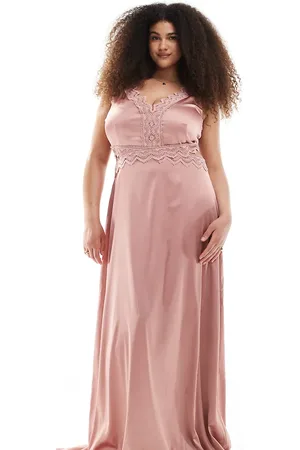 TFNC Bridesmaid satin maxi dress with scalloped lace detail in