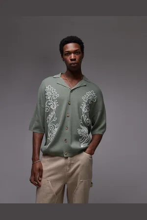 Topman Dual floral embroidered revere polo in -Green