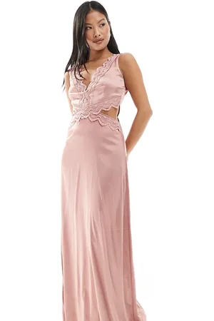 TFNC Bridesmaid satin maxi dress with scalloped lace detail in