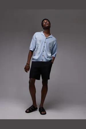 Topman Dual floral embroidered revere polo in blue