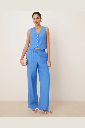 Y.A.S Linen touch wide leg pants in blue (part of a set)