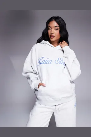 Kaiia Embroidered script hoodie in grey marl and blue (part of a set)