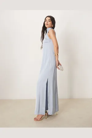 VILA Halterneck maxi dress with tie neck in pastel blue