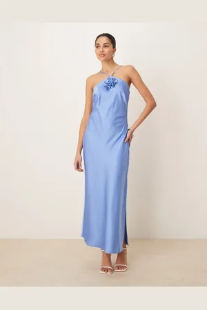 Y.A.S Halter neck satin maxi dress with corsage detail in blue