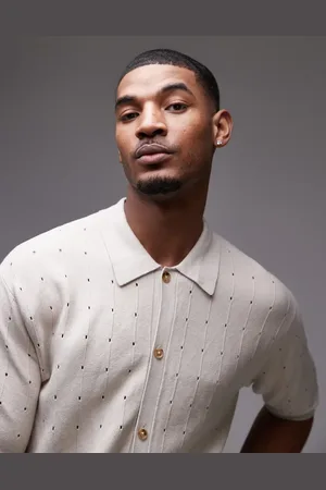 Topman Pointelle knit polo shirt in -Neutral