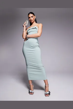 Vesper Bengaline bandeau bow detail bodycon midaxi dress in -Green
