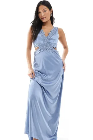TFNC Bridesmaid satin maxi dress with scalloped lace detail in