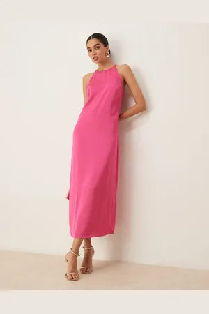 VILA Satin high neck maxi dress in raspberry pink